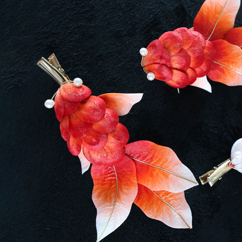 Nimara Ritual Handmade Yangzhou Velvet Flower Mulberry Silk Red Koi Fish Leaves Brooch Hair Clip