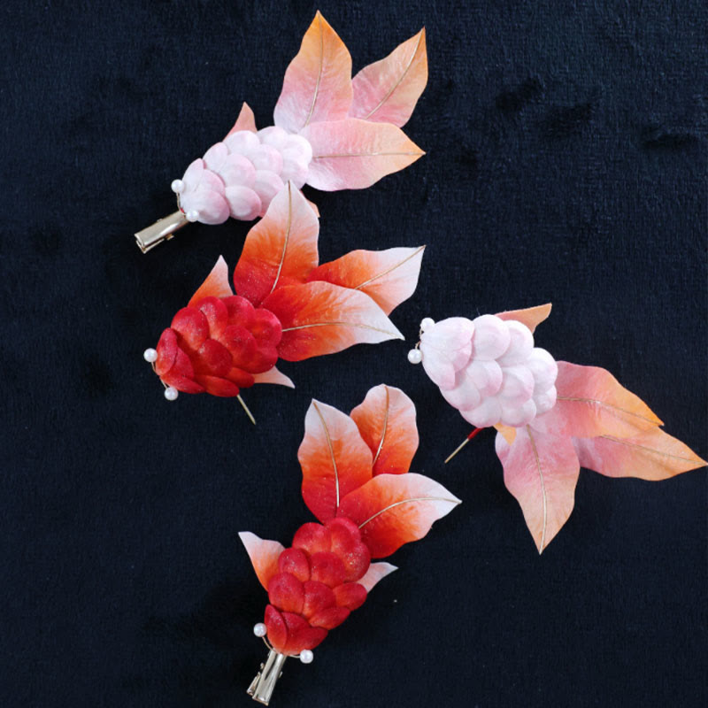Nimara Ritual Handmade Yangzhou Velvet Flower Mulberry Silk Red Koi Fish Leaves Brooch Hair Clip