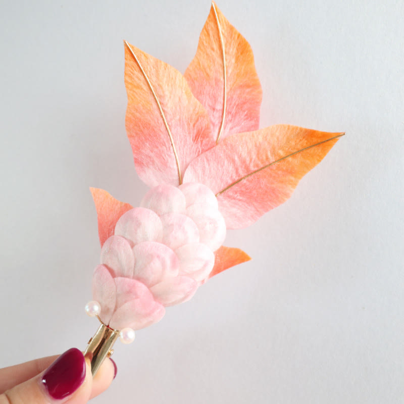 Nimara Ritual Handmade Yangzhou Velvet Flower Mulberry Silk Red Koi Fish Leaves Brooch Hair Clip