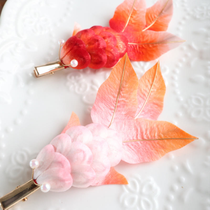 Nimara Ritual Handmade Yangzhou Velvet Flower Mulberry Silk Red Koi Fish Leaves Brooch Hair Clip