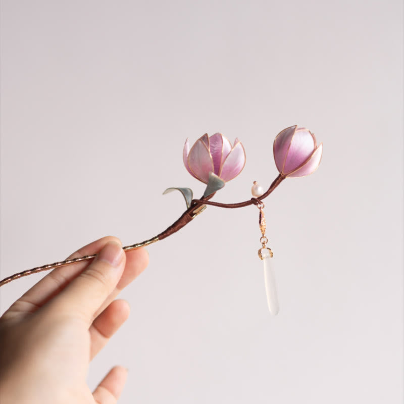 Nimara Ritual Handmade Yangzhou Velvet Flower Mulberry Silk Purple Magnolia Brooch Hairpin