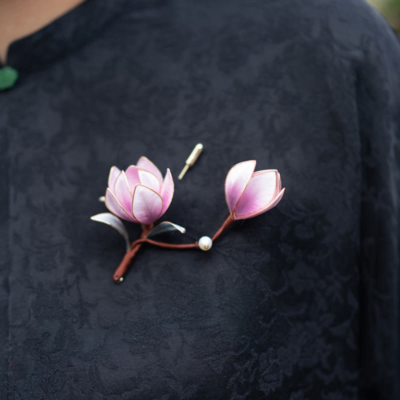Nimara Ritual Handmade Yangzhou Velvet Flower Mulberry Silk Purple Magnolia Brooch Hairpin