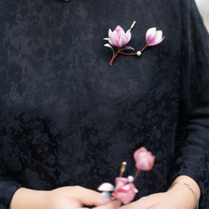 Nimara Ritual Handmade Yangzhou Velvet Flower Mulberry Silk Purple Magnolia Brooch Hairpin