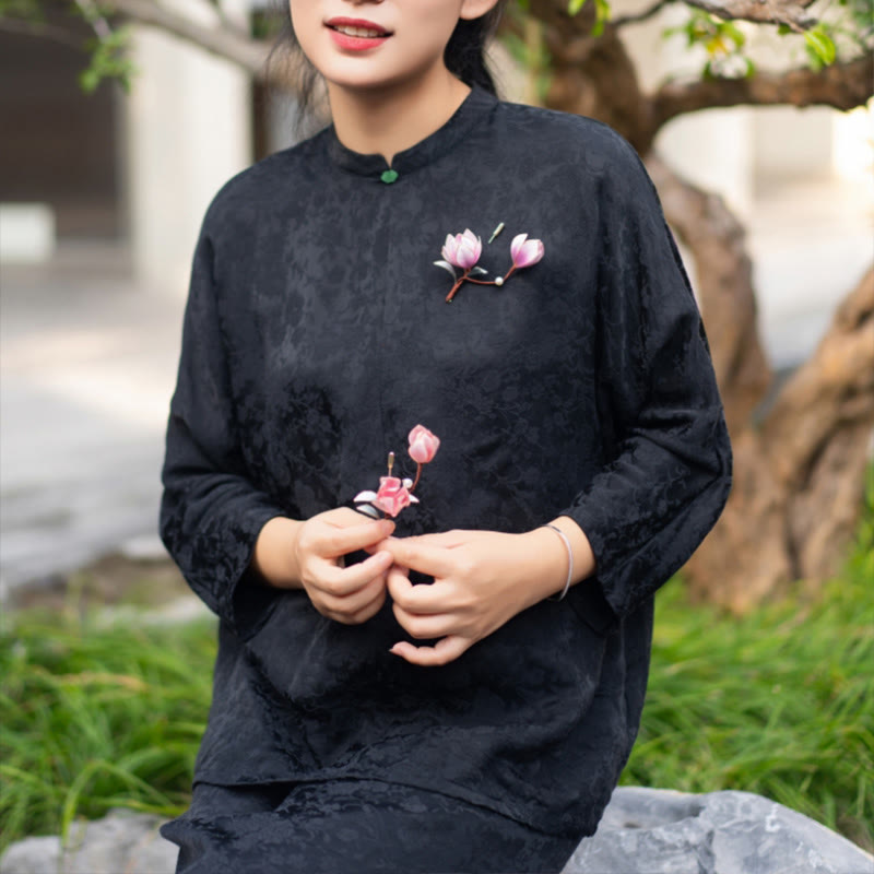 Nimara Ritual Handmade Yangzhou Velvet Flower Mulberry Silk Purple Magnolia Brooch Hairpin