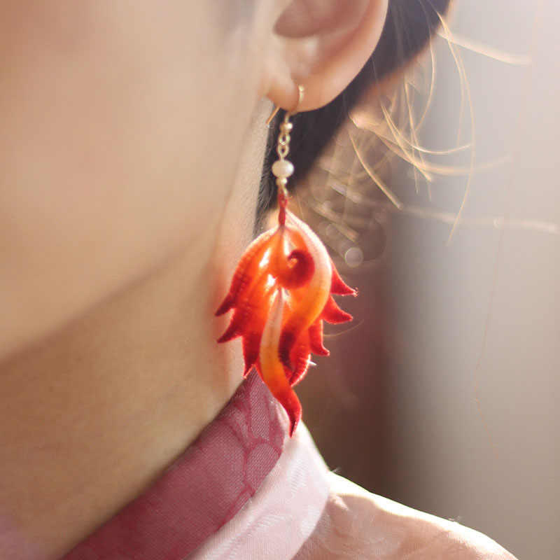 Nimara Ritual 14K Gold-plated Copper Handmade Velvet Flower Mulberry Silk Red Feather Drop Earrings