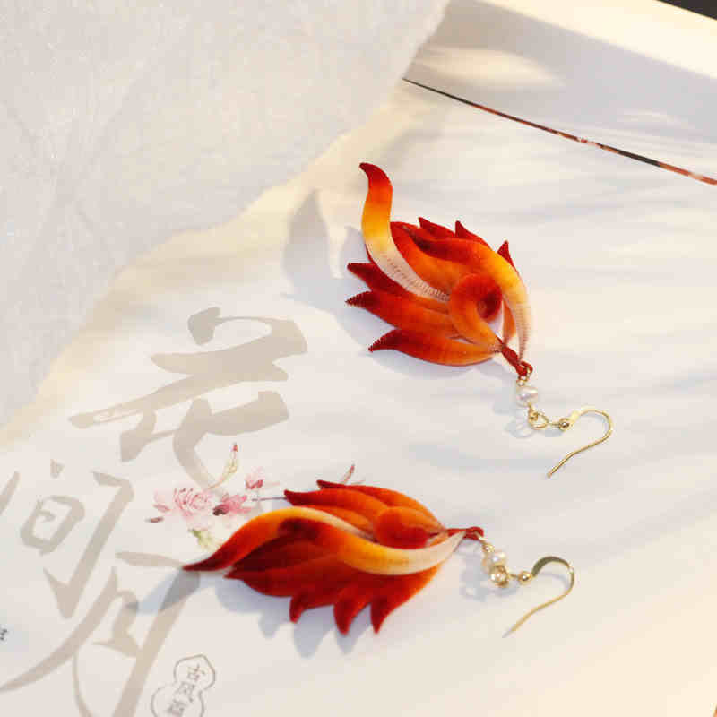 Nimara Ritual 14K Gold-plated Copper Handmade Velvet Flower Mulberry Silk Red Feather Drop Earrings