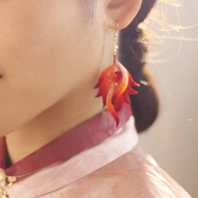 Nimara Ritual 14K Gold-plated Copper Handmade Velvet Flower Mulberry Silk Red Feather Drop Earrings