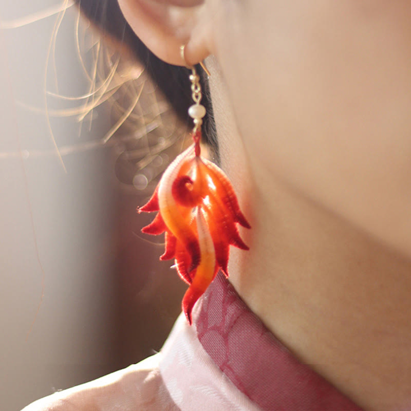 Nimara Ritual 14K Gold-plated Copper Handmade Velvet Flower Mulberry Silk Red Feather Drop Earrings