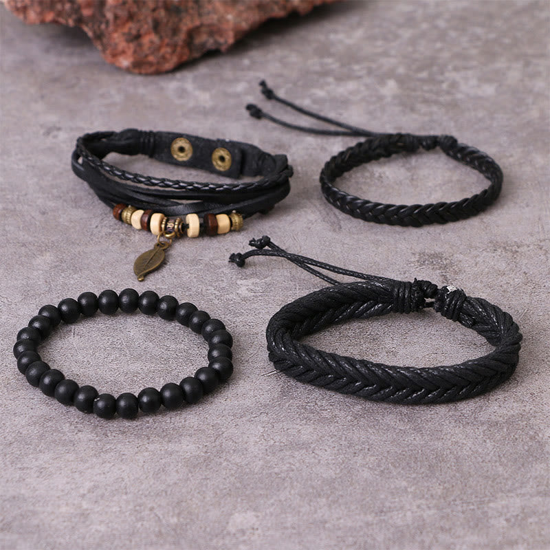 Nimara Ritual Leaf Multi-layer Twisted Leather Resin Beads Courage Bracelet Set