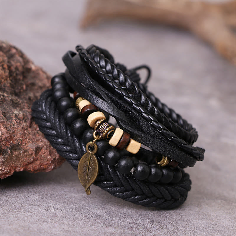 Nimara Ritual Leaf Multi-layer Twisted Leather Resin Beads Courage Bracelet Set