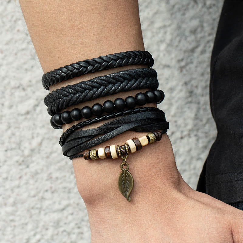Nimara Ritual Leaf Multi-layer Twisted Leather Resin Beads Courage Bracelet Set
