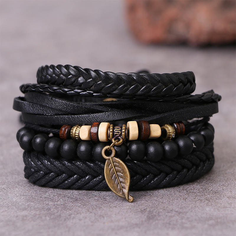 Nimara Ritual Leaf Multi-layer Twisted Leather Resin Beads Courage Bracelet Set