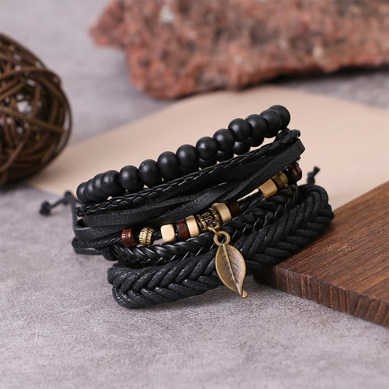 Nimara Ritual Leaf Multi-layer Twisted Leather Resin Beads Courage Bracelet Set