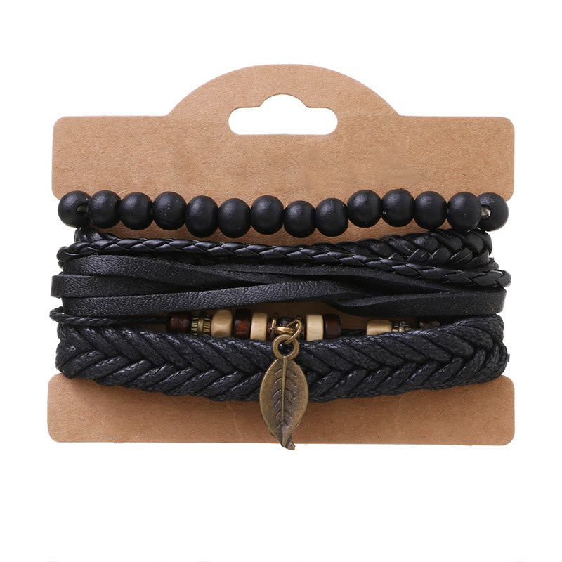 Nimara Ritual Leaf Multi-layer Twisted Leather Resin Beads Courage Bracelet Set