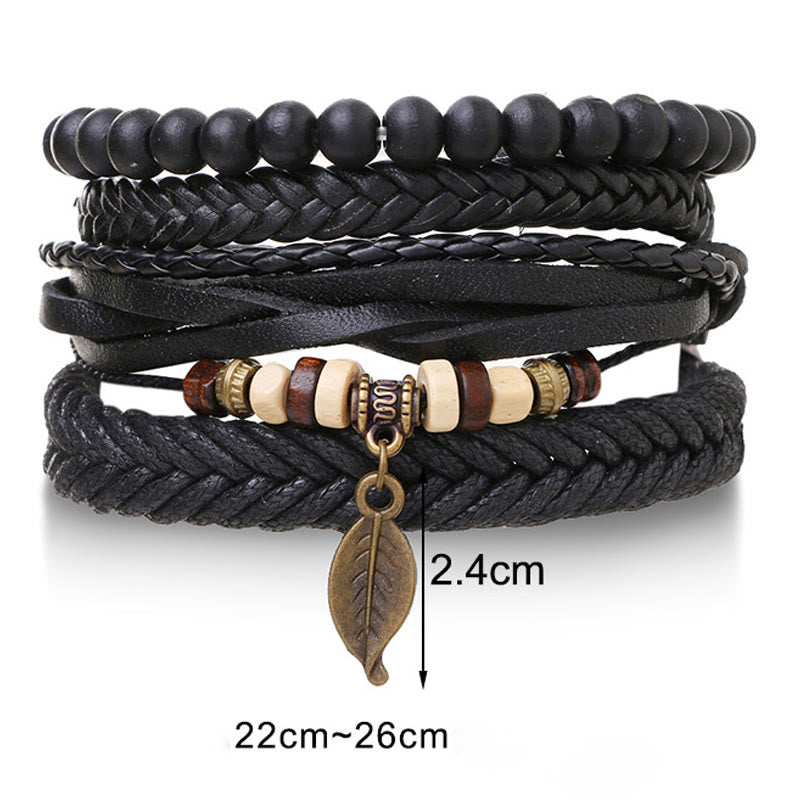 Nimara Ritual Leaf Multi-layer Twisted Leather Resin Beads Courage Bracelet Set