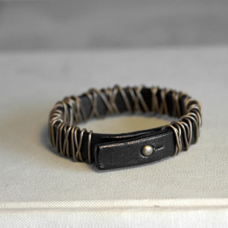 Nimara Ritual Vintage Leather Copper Brass Wire Wrap Balance Bracelet