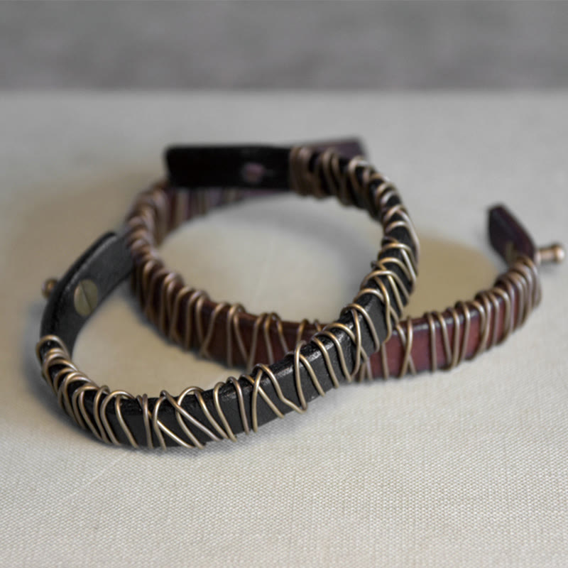 Nimara Ritual Vintage Leather Copper Brass Wire Wrap Balance Bracelet