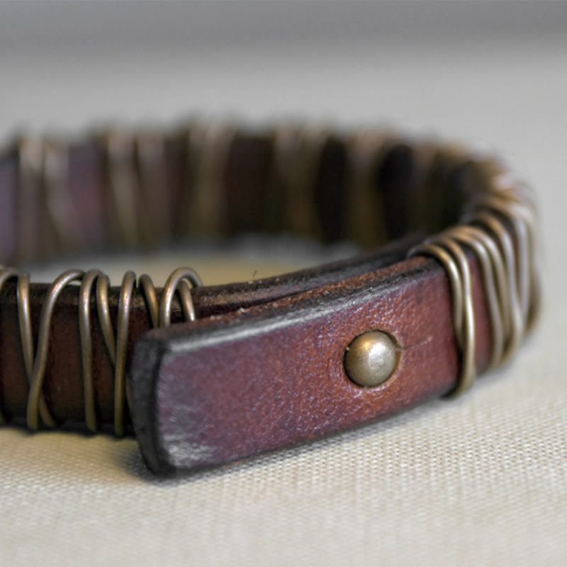 Nimara Ritual Vintage Leather Copper Brass Wire Wrap Balance Bracelet