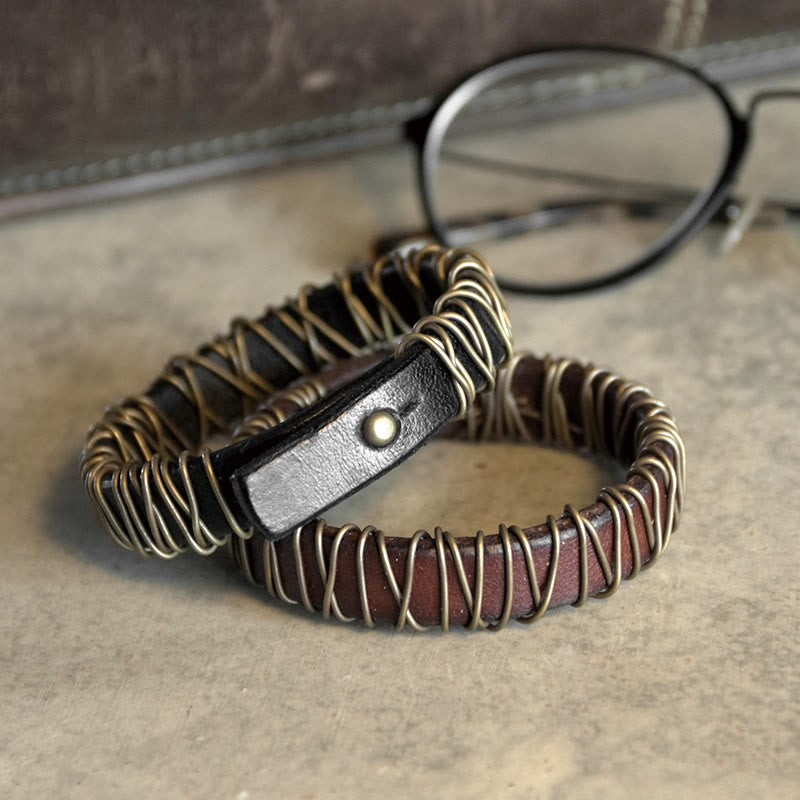 Nimara Ritual Vintage Leather Copper Brass Wire Wrap Balance Bracelet