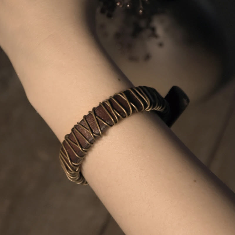 Nimara Ritual Vintage Leather Copper Brass Wire Wrap Balance Bracelet