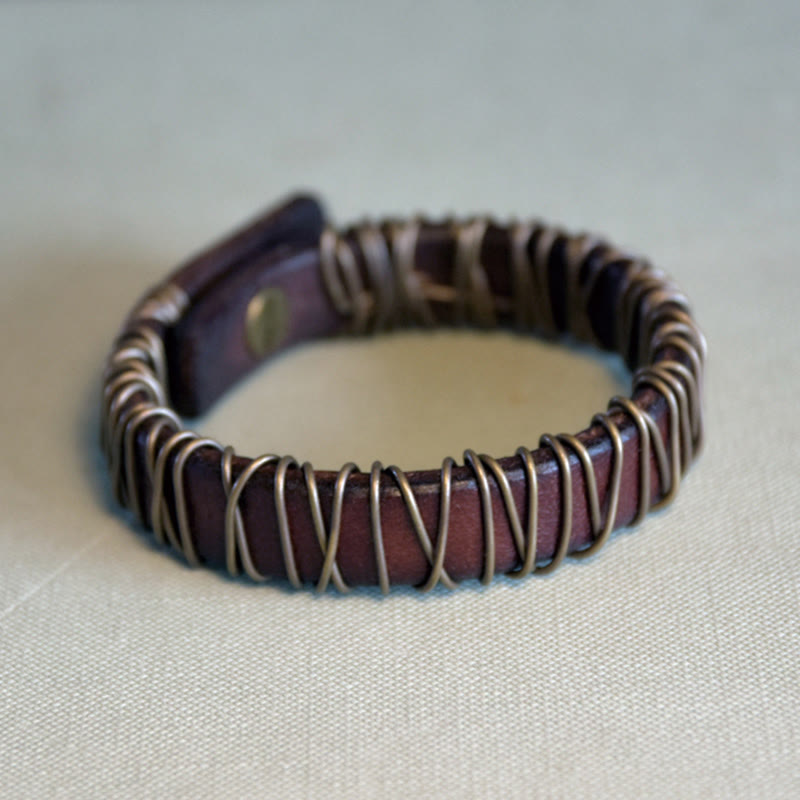 Nimara Ritual Vintage Leather Copper Brass Wire Wrap Balance Bracelet