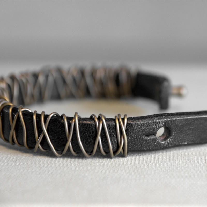 Nimara Ritual Vintage Leather Copper Brass Wire Wrap Balance Bracelet