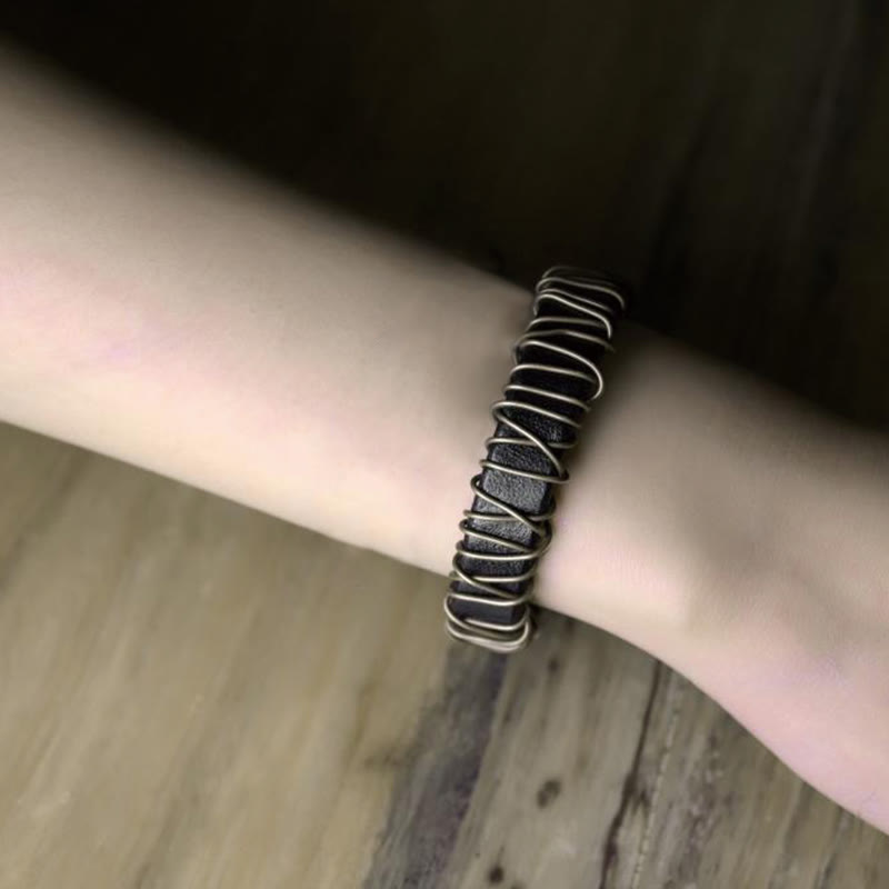 Nimara Ritual Vintage Leather Copper Brass Wire Wrap Balance Bracelet