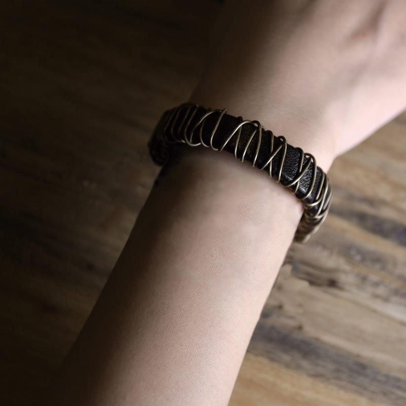 Nimara Ritual Vintage Leather Copper Brass Wire Wrap Balance Bracelet