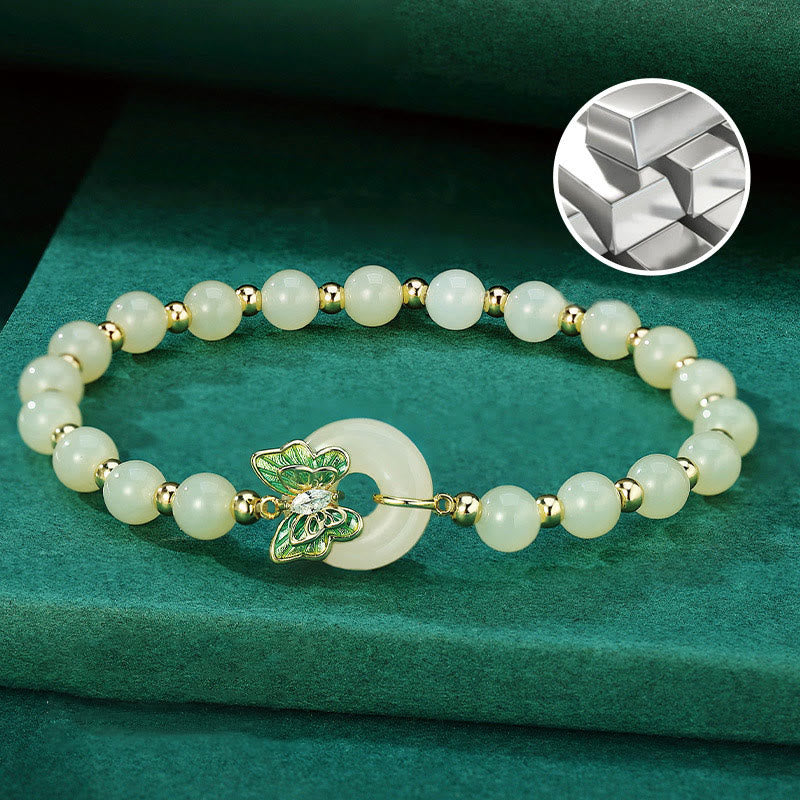 Nimara Ritual 925 Sterling Silver Natural Hetian Jade Peace Buckle Butterfly Zircon Luck Bracelet Necklace Pendant