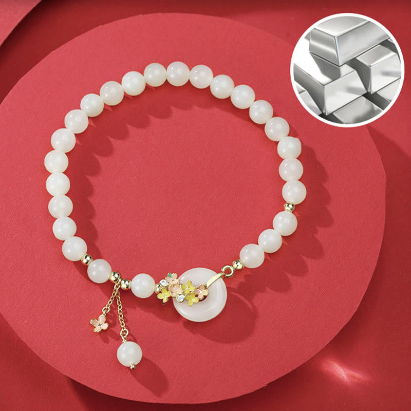 Nimara Ritual 925 Sterling Silver Natural Hetian Jade Osmanthus Flowers Peace Buckle Zircon Luck Bracelet Necklace Pendant