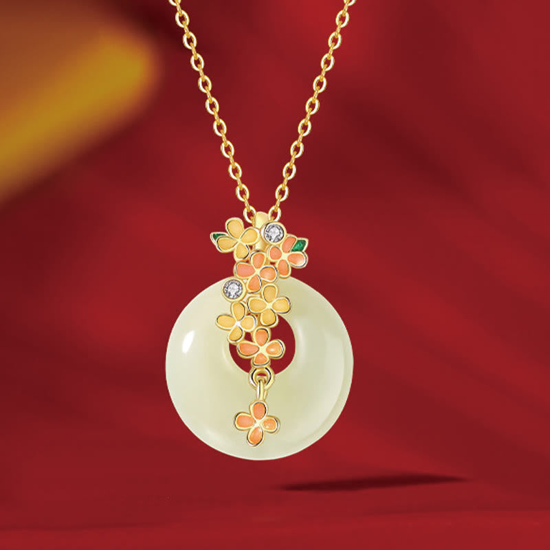 Nimara Ritual 925 Sterling Silver Natural Hetian Jade Osmanthus Flowers Peace Buckle Zircon Luck Bracelet Necklace Pendant