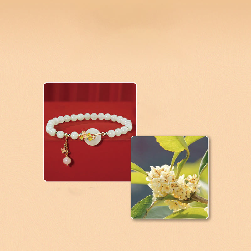 Nimara Ritual 925 Sterling Silver Natural Hetian Jade Osmanthus Flowers Peace Buckle Zircon Luck Bracelet Necklace Pendant