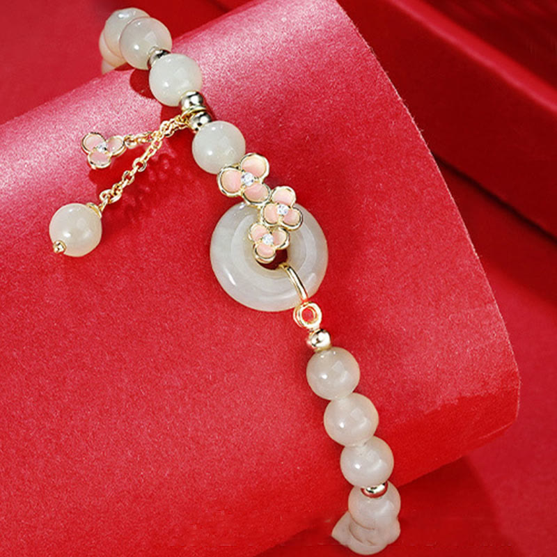 Nimara Ritual 925 Sterling Silver Natural Hetian Jade Peach Blossom Peace Buckle Zircon Luck Bracelet Necklace Pendant