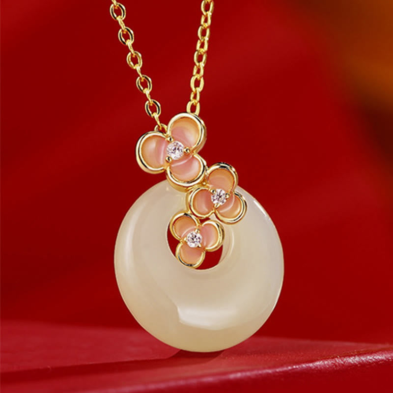 Nimara Ritual 925 Sterling Silver Natural Hetian Jade Peach Blossom Peace Buckle Zircon Luck Bracelet Necklace Pendant