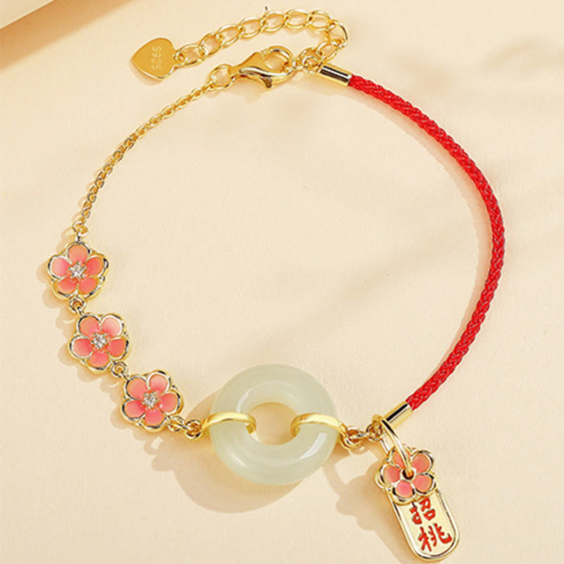 Nimara Ritual 925 Sterling Silver Natural Hetian Jade Peach Blossom Peace Buckle Zircon Luck Bracelet Necklace Pendant