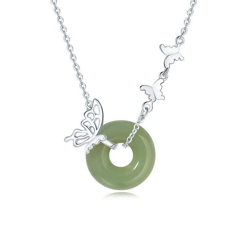 Nimara Ritual 925 Sterling Silver Natural Hetian Jade Peace Buckle Butterfly Luck Prosperity Bracelet Necklace Pendant