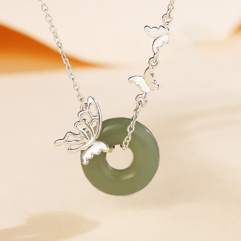Nimara Ritual 925 Sterling Silver Natural Hetian Jade Peace Buckle Butterfly Luck Prosperity Bracelet Necklace Pendant