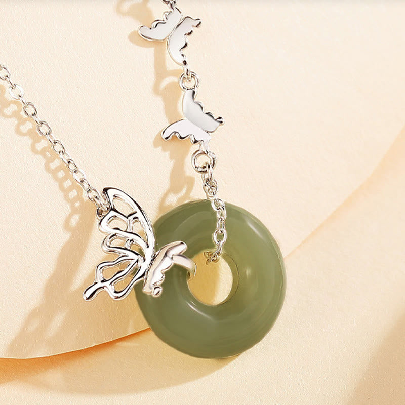 Nimara Ritual 925 Sterling Silver Natural Hetian Jade Peace Buckle Butterfly Luck Prosperity Bracelet Necklace Pendant