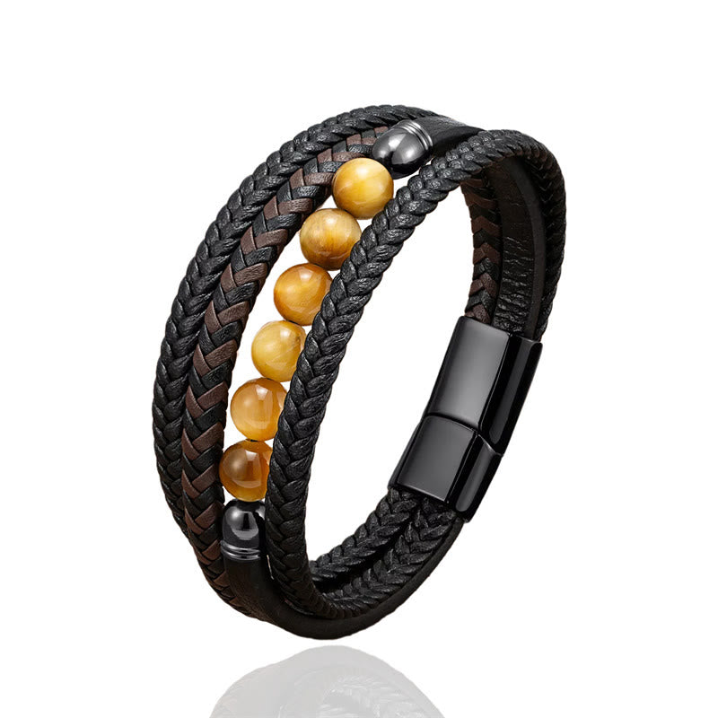 Nimara Ritual Tiger Eye Lava Rock Black Onyx Lazurite Lapis Lazuli Hematite Bead Positive Leather Bracelet