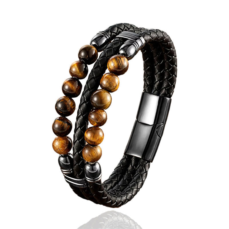 Nimara Ritual Tiger Eye Hematite Lava Rock Black Onyx Lazurite Lapis Lazuli Beads Protection Strength Leather Bracelet