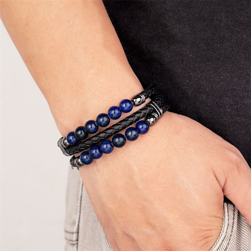 Nimara Ritual Tiger Eye Hematite Lava Rock Black Onyx Lazurite Lapis Lazuli Beads Protection Strength Leather Bracelet
