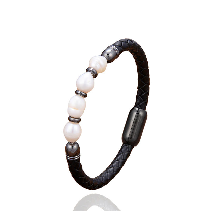 Nimara Ritual Handmade Irregular Shaped Pearls Healing Leather Titanium Steel Buckle Bracelet