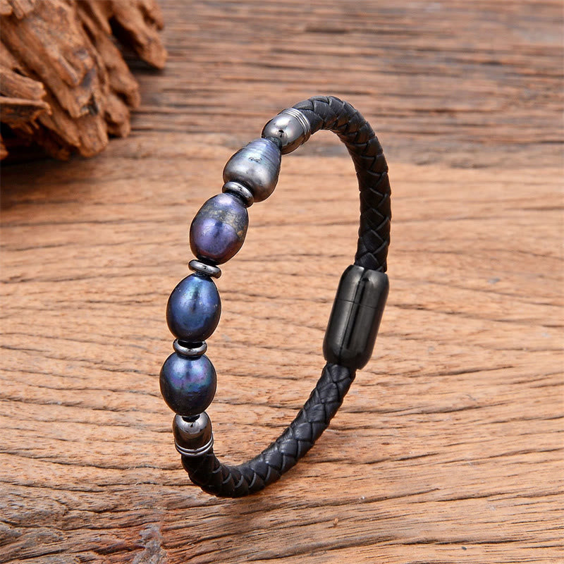 Nimara Ritual Handmade Irregular Shaped Pearls Healing Leather Titanium Steel Buckle Bracelet