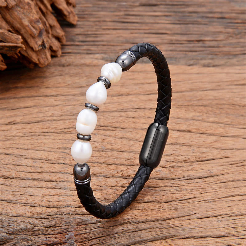 Nimara Ritual Handmade Irregular Shaped Pearls Healing Leather Titanium Steel Buckle Bracelet