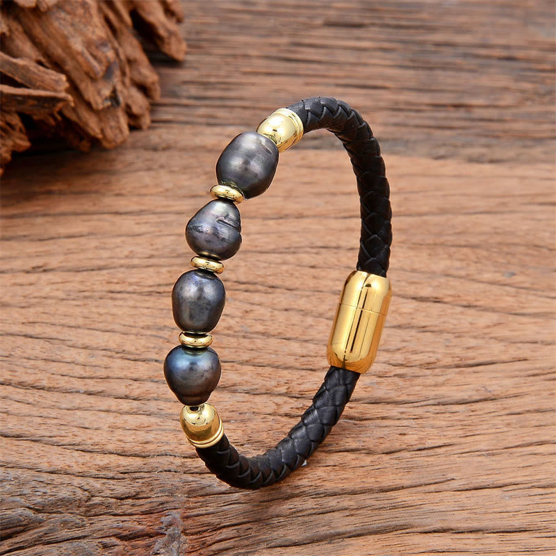 Nimara Ritual Handmade Irregular Shaped Pearls Healing Leather Titanium Steel Buckle Bracelet