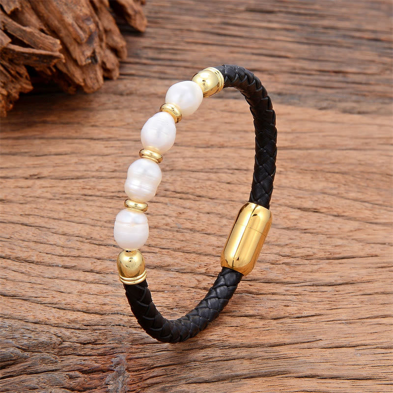 Nimara Ritual Handmade Irregular Shaped Pearls Healing Leather Titanium Steel Buckle Bracelet