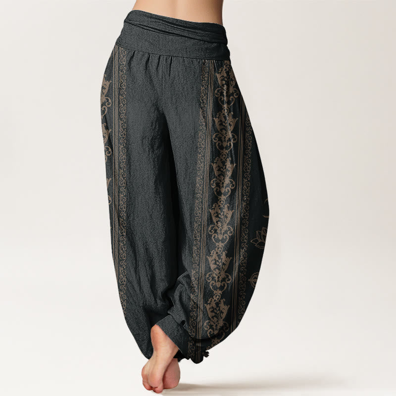 Nimara Ritual Cotton Lotus Flowers Double Dorje Vajra Namaste Om Design Women's Elastic Waist Harem Pants