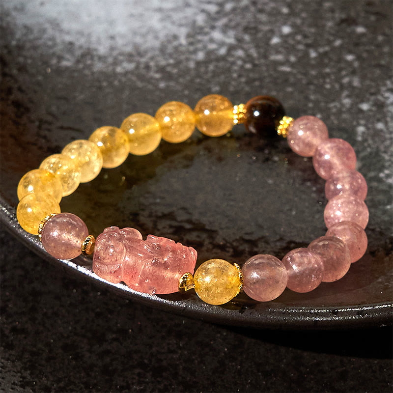 Nimara Ritual Strawberry Quartz Pixiu Rutilated Quartz Beads Healing Bracelet