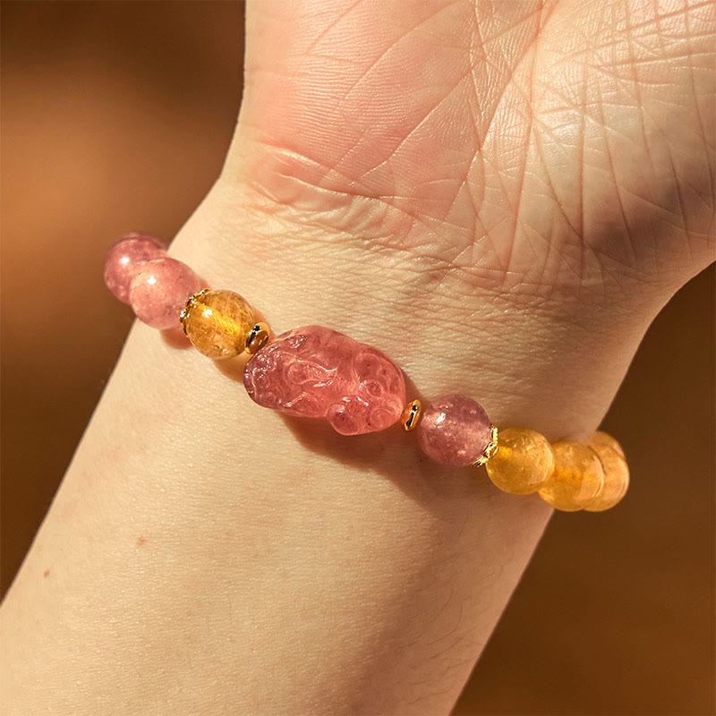 Nimara Ritual Strawberry Quartz Pixiu Rutilated Quartz Beads Healing Bracelet