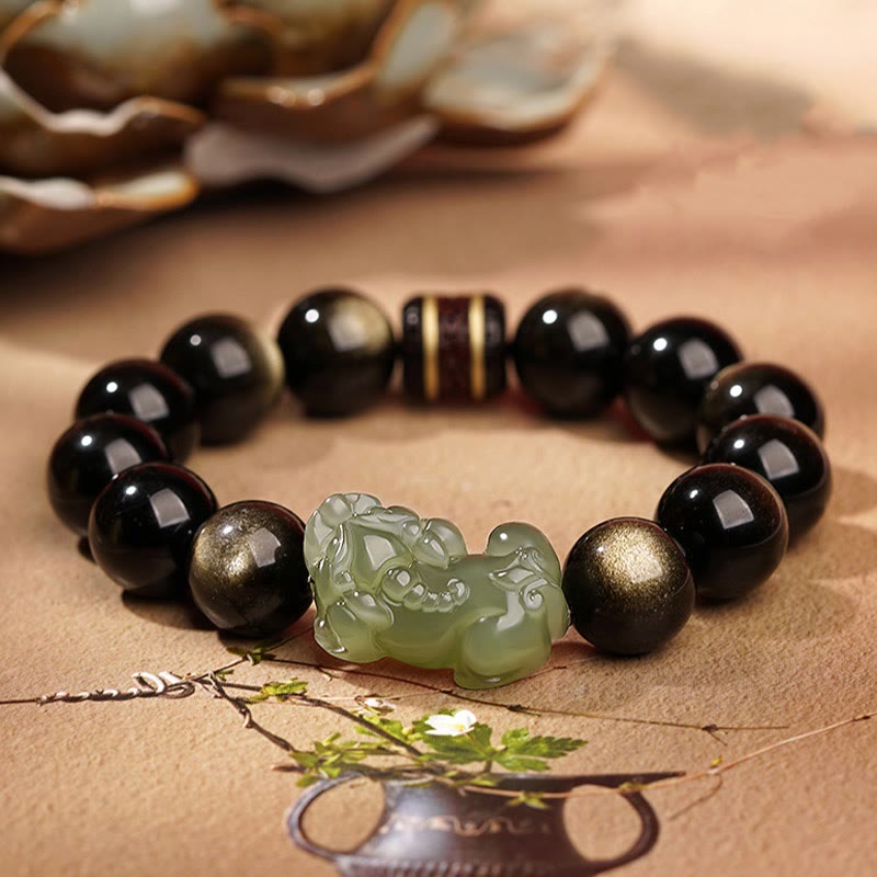 Nimara Ritual Natural Gold Sheen Obsidian Hetian Cyan Jade White Jade PiXiu Wealth Bracelet